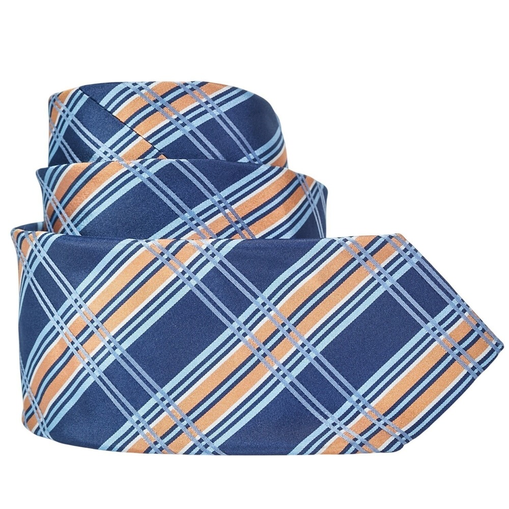 Ted‎ Baker London Men's 100% Silk Necktie USA Designer Navy Blue/Orange/Plaid